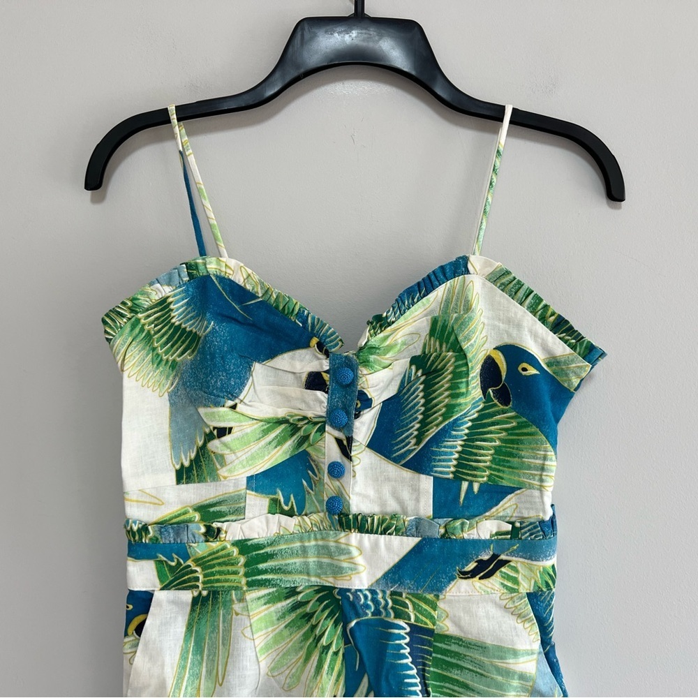 FARM Rio NWT Araras Parrot Print Smocked Linen Relaxed Fit White Jumpsuit, XS - Picture 4 of 14